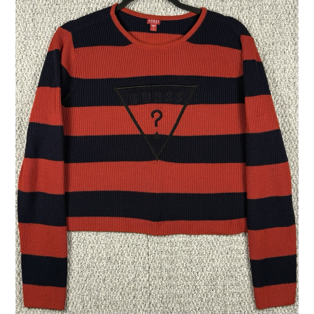 Guess Striped Logo Sweater Crop Knit Red Black Grunge Y2K Women S